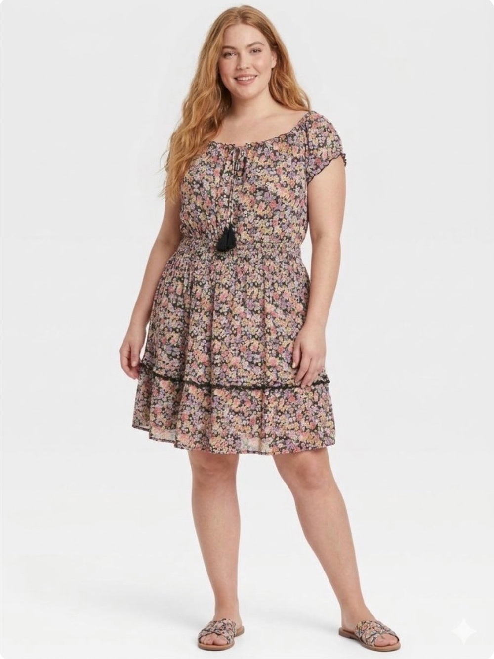 J For Justify Boho Floral Off-The-Shoulder Tiered Mini Dress Black 1X Plus